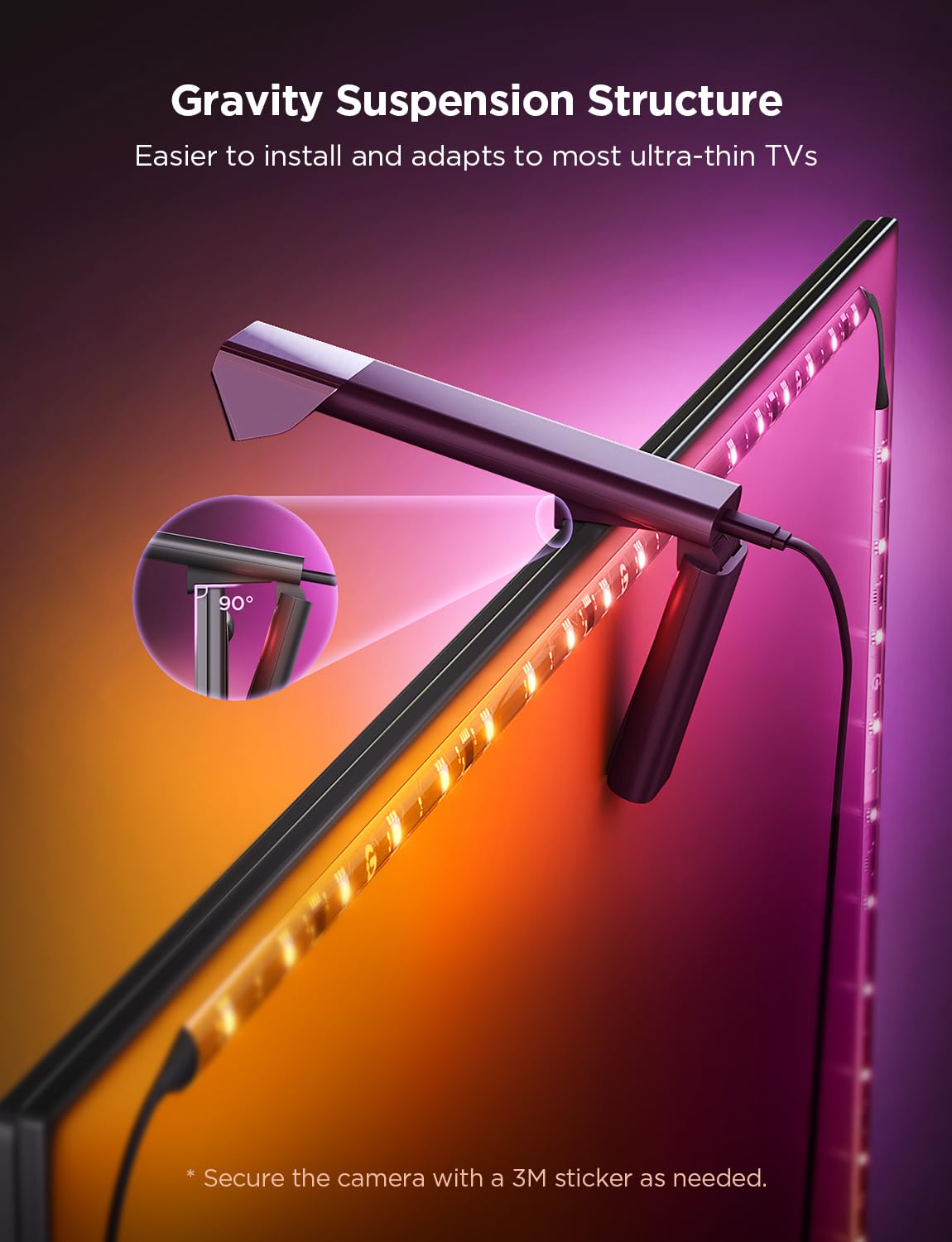 Cozy Glow™ TV Backlight 3 Lite with Fish-Eye Correction Function Sync to 55-65 Inch TVs, 11.8ft RGBICW Wi-Fi LED Strip Lights with Camera, 4 Colors in 1 Lamp Bead, Voice and APP Control, Adapter