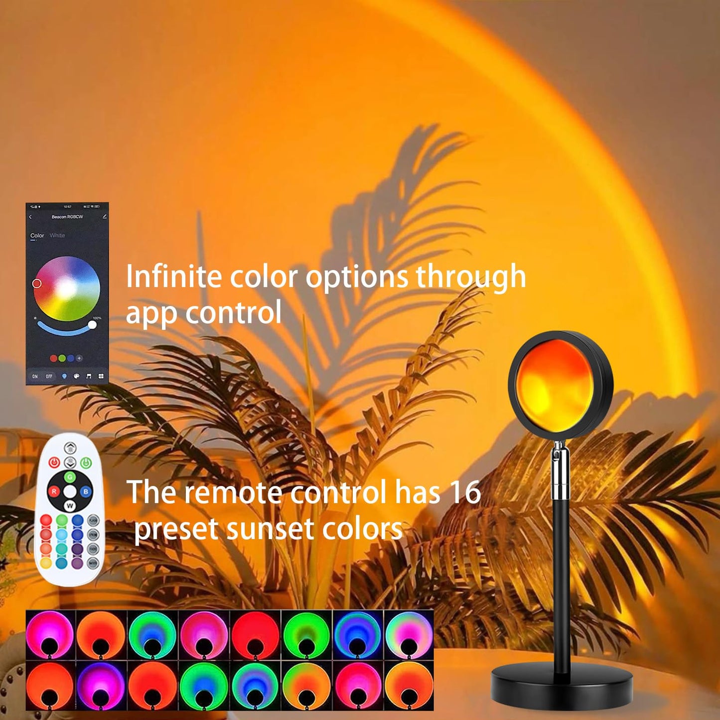 Cozy Glow™ Sunset Lamp Projector Multi-Color Multi-Mode, Dimmable, Timing, Music Rhythm, Sunset Background Wonderful Visual Impact, USB Plug and Play (Remote & APP)